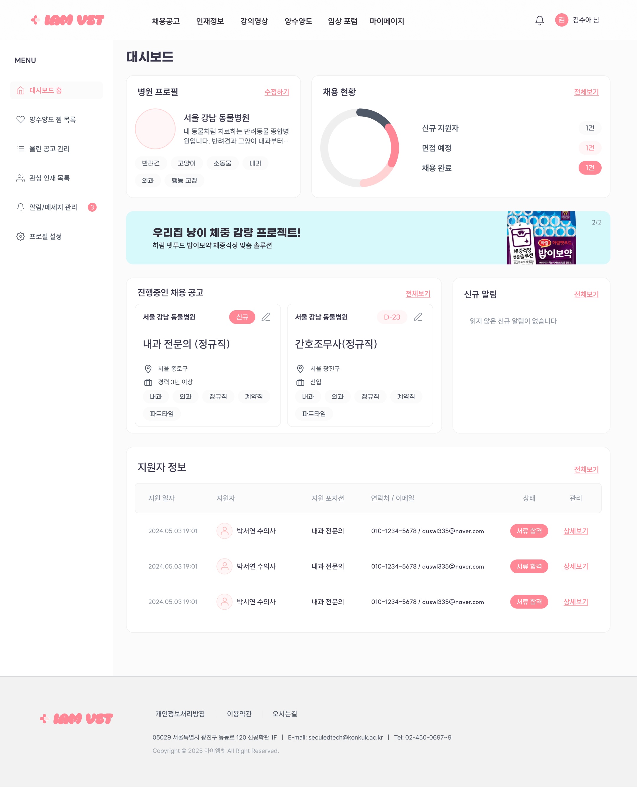 병원은 채용 현황과 지원자별 상태를 대시보드 한 화면에서 본다