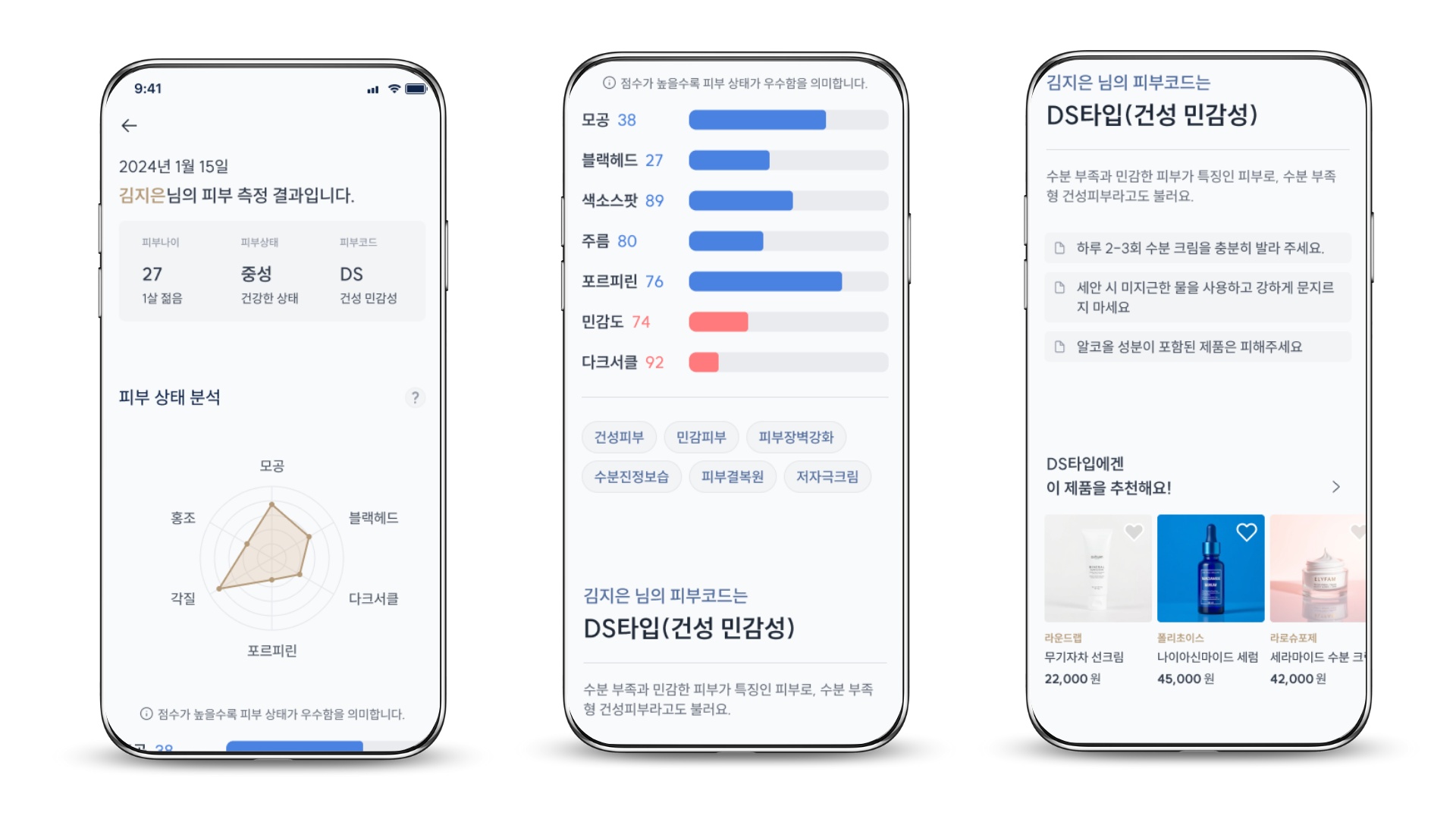 측정 결과가 피부나이·지표별 점수·피부코드 설명 순서로 이어진다(디자인 시안)