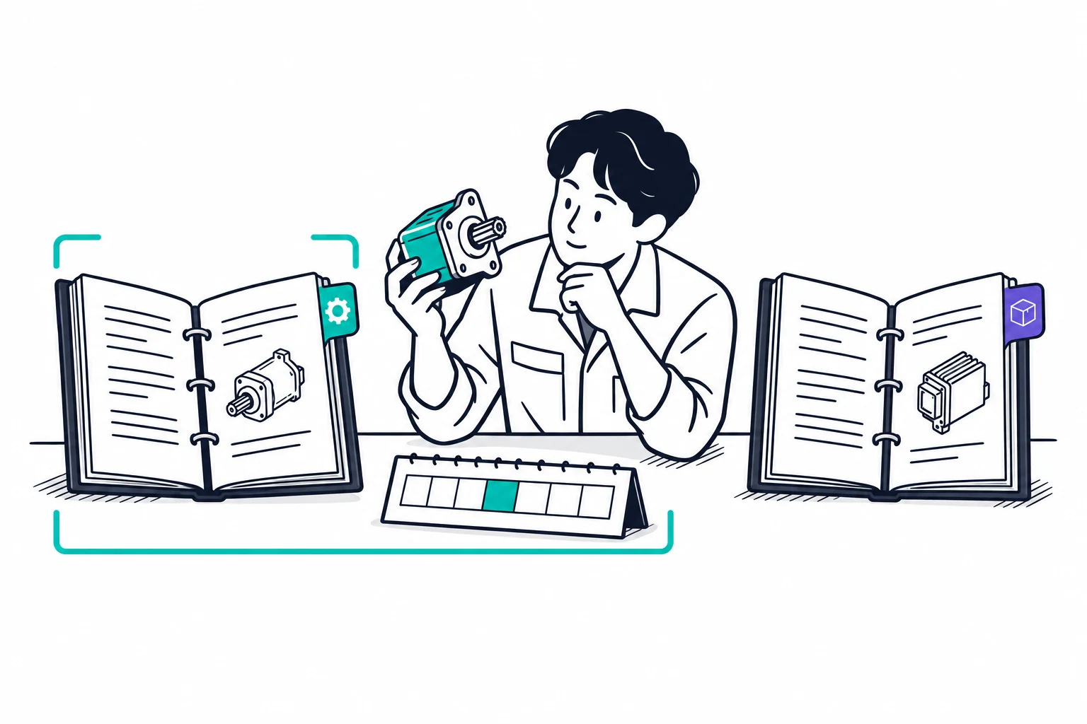 부품을 든 사람이 두 안내서의 제품 표식과 달력의 적용 시점을 비교하는 그림.