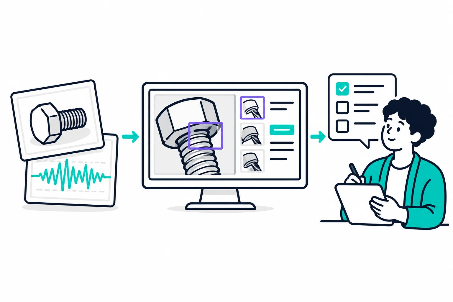볼트 이미지와 파형이 후보 표시 화면으로 이어지고, 담당자가 태블릿에 검사 결과를 기록한다.